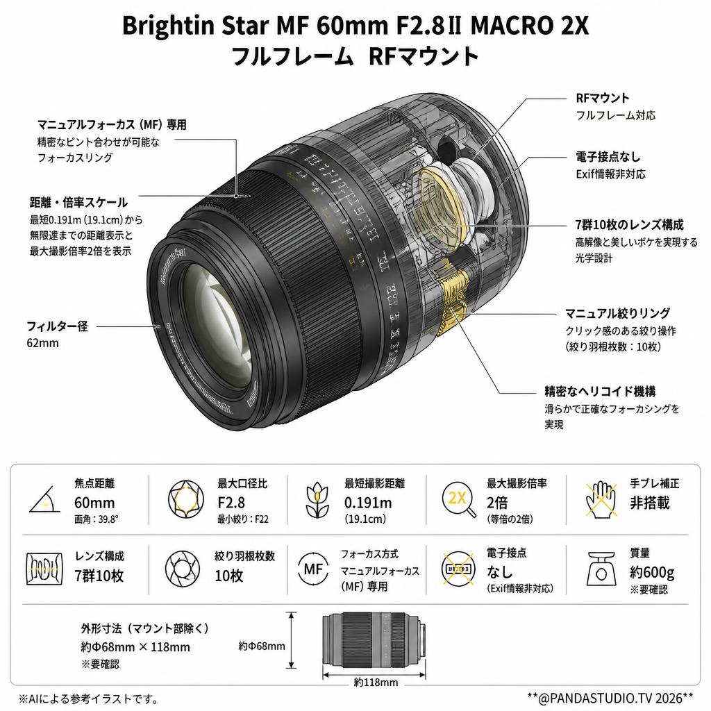 Brightin Star MF 60mm F2.8Ⅱ MACRO 2X フルフレーム  RFマウント スペック
