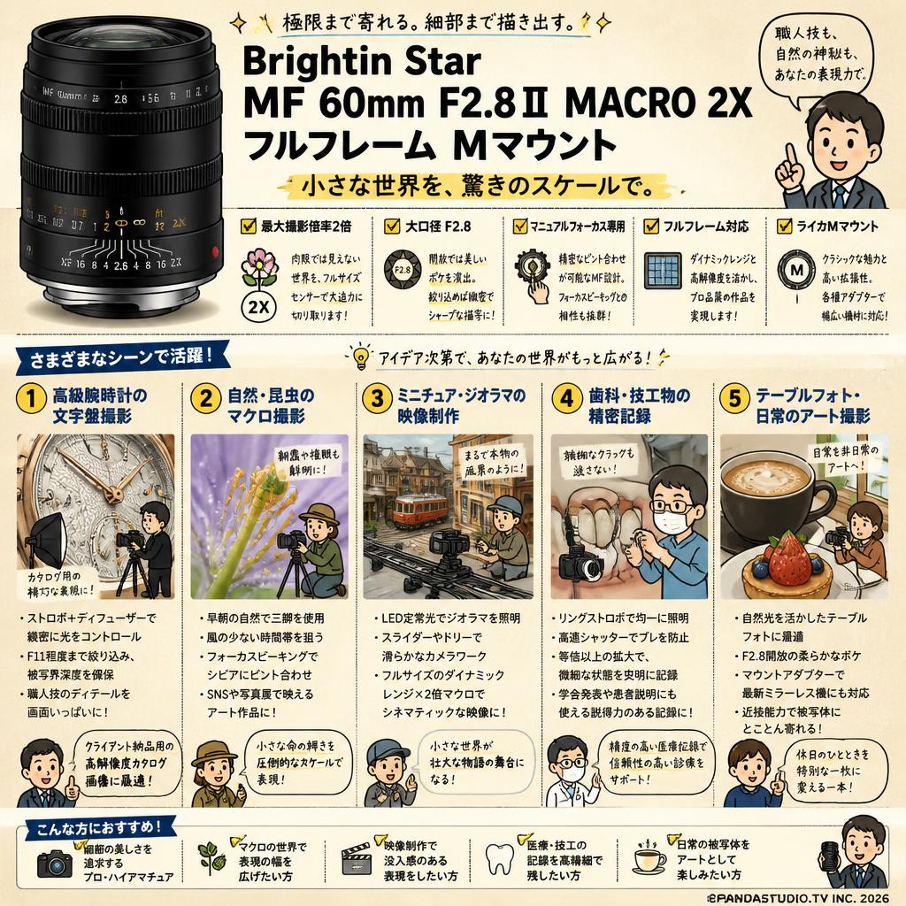 Brightin Star MF 60mm F2.8Ⅱ MACRO 2X フルフレーム  Mマウント 用途
