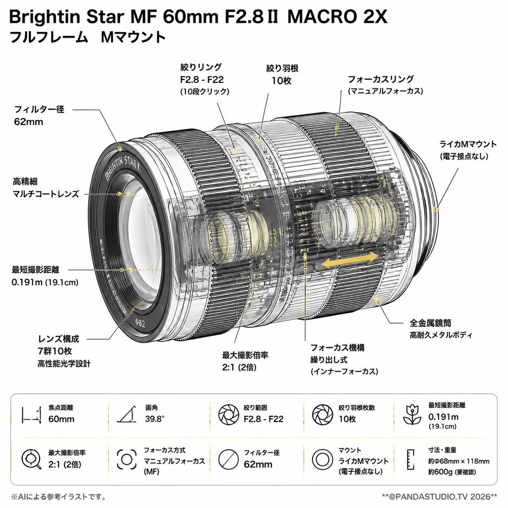 Brightin Star MF 60mm F2.8Ⅱ MACRO 2X フルフレーム  Mマウント スペック
