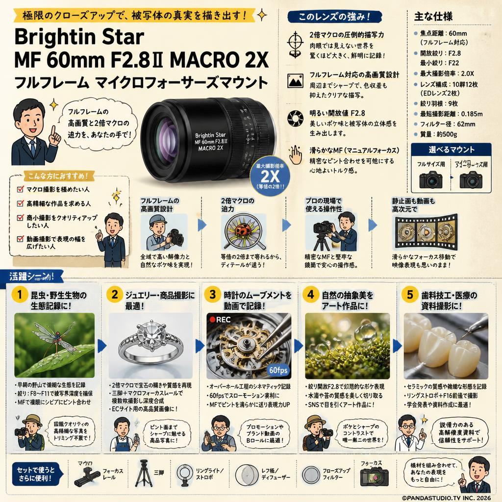 Brightin Star MF 60mm F2.8Ⅱ MACRO 2X フルフレーム  マイクロフォーサーズマウント 用途