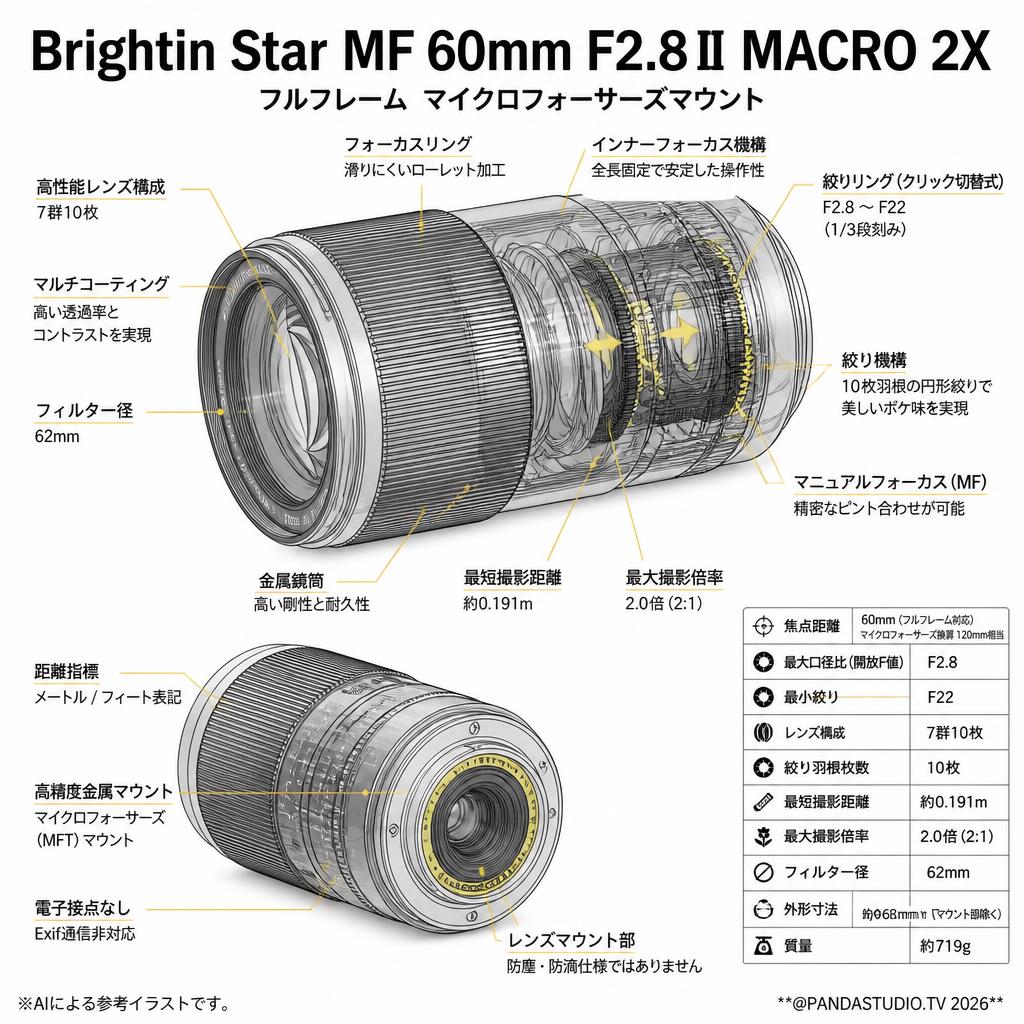 Brightin Star MF 60mm F2.8Ⅱ MACRO 2X フルフレーム  マイクロフォーサーズマウント スペック