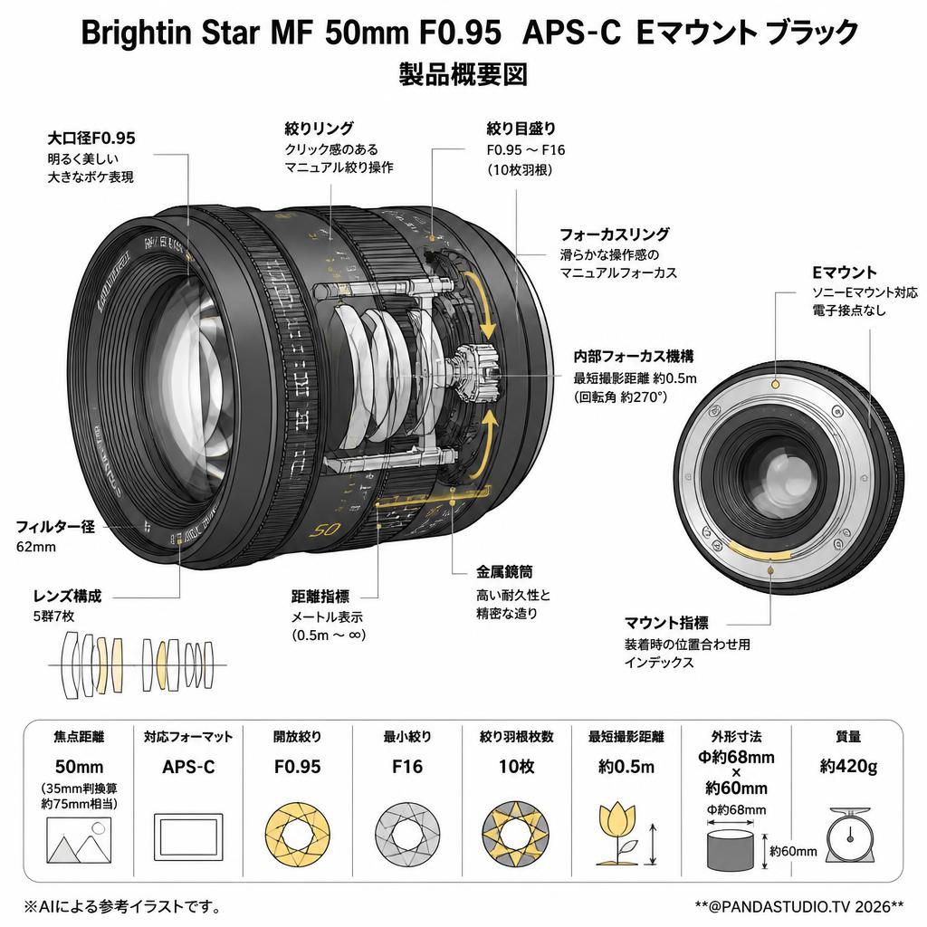 Brightin Star MF 50mm F0.95  APS-C  Eマウント ブラック スペック