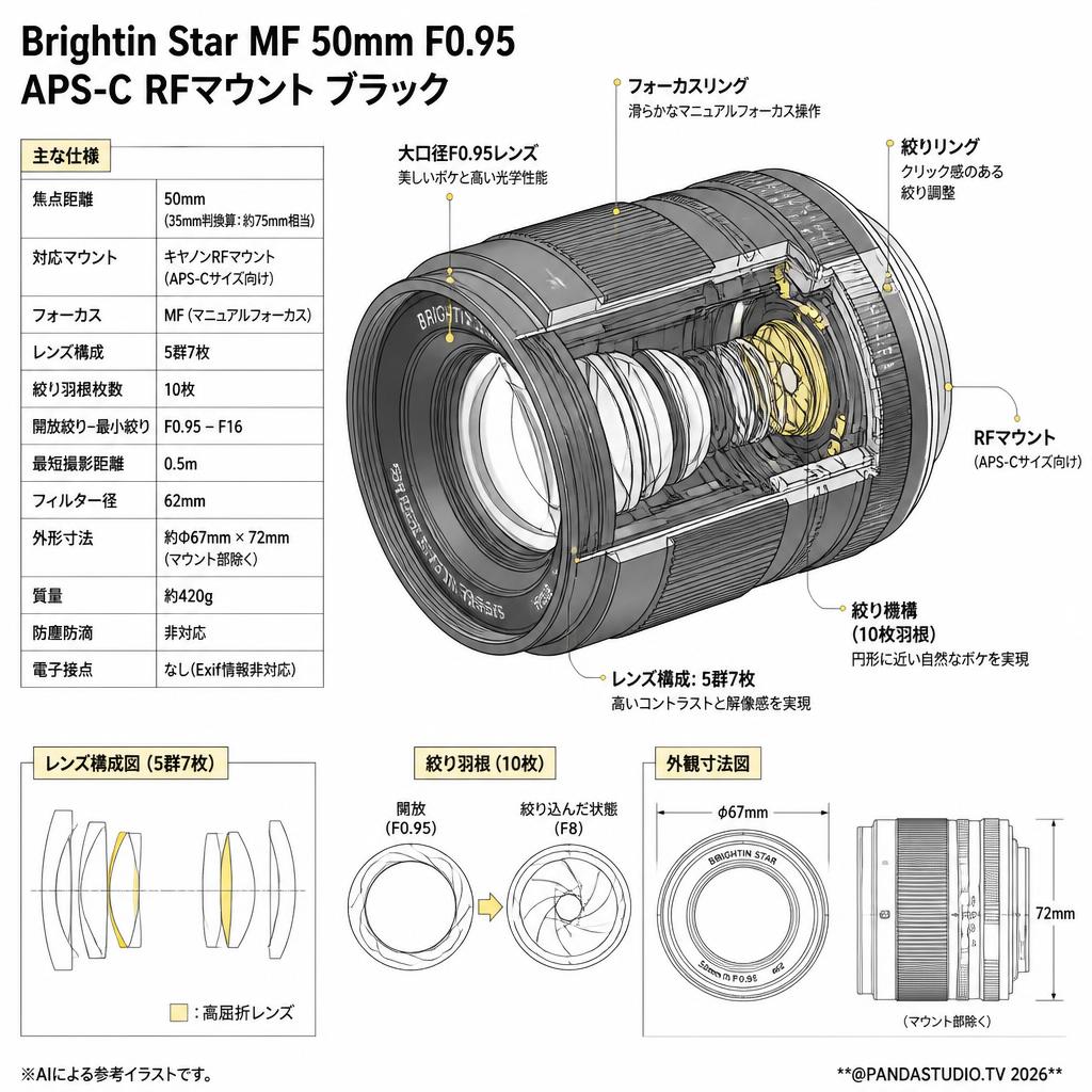 Brightin Star MF 50mm F0.95  APS-C  RFマウント ブラック スペック