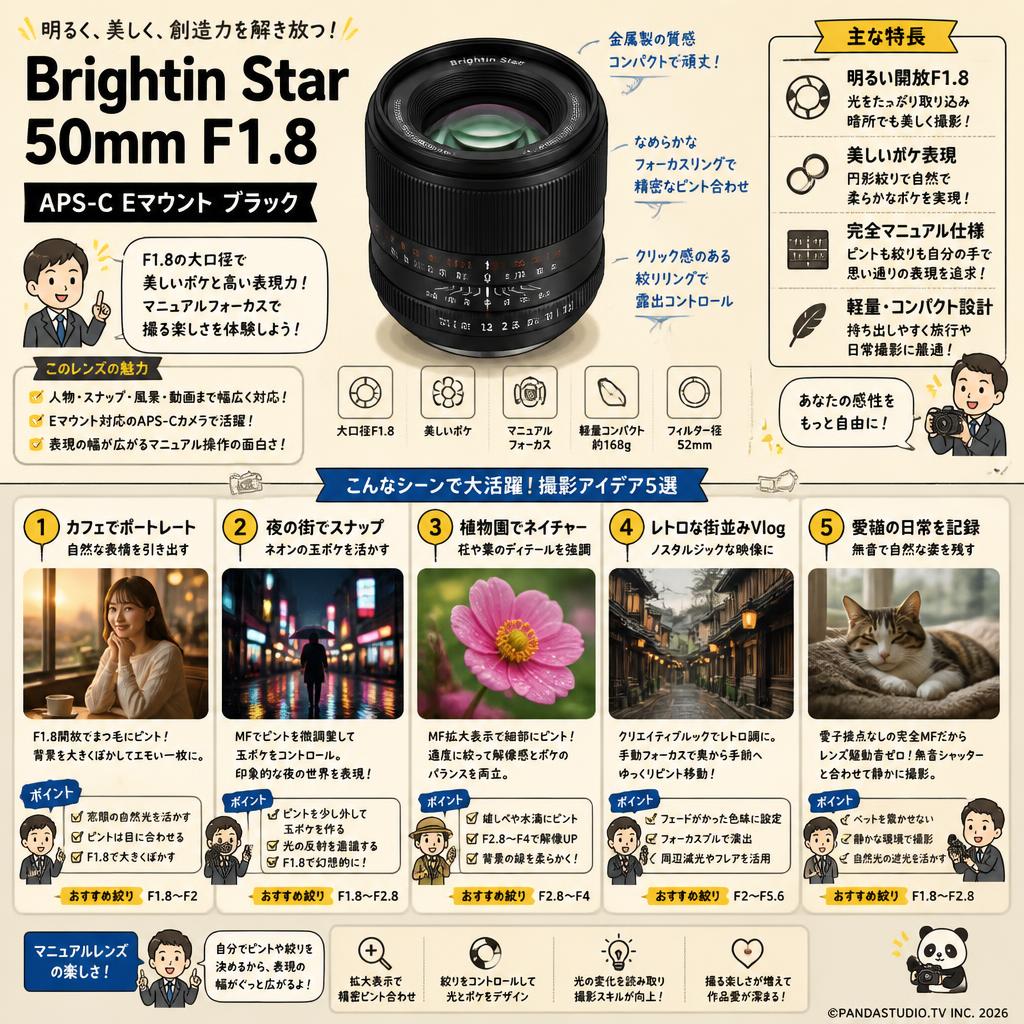 Brightin Star 50mm F1.8 APS-C Eマウント ブラック 用途
