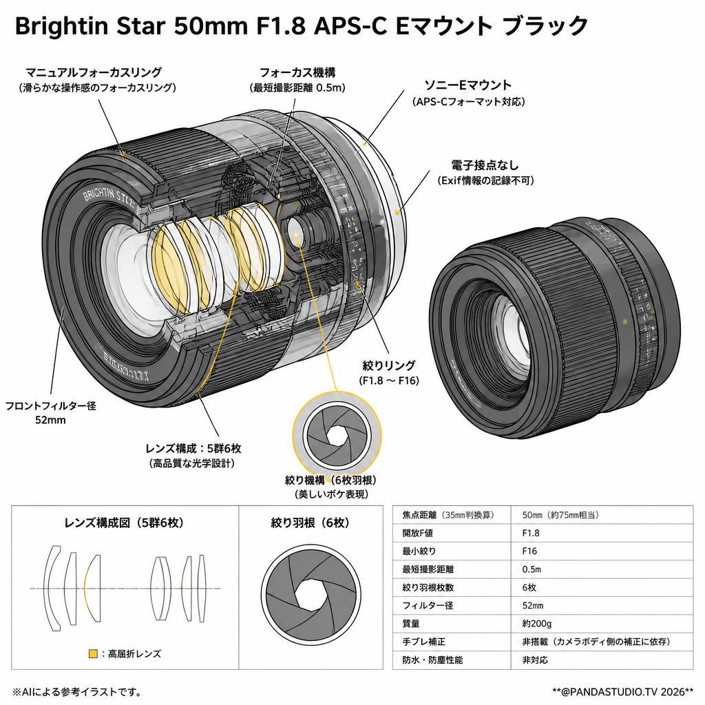 Brightin Star 50mm F1.8 APS-C Eマウント ブラック スペック