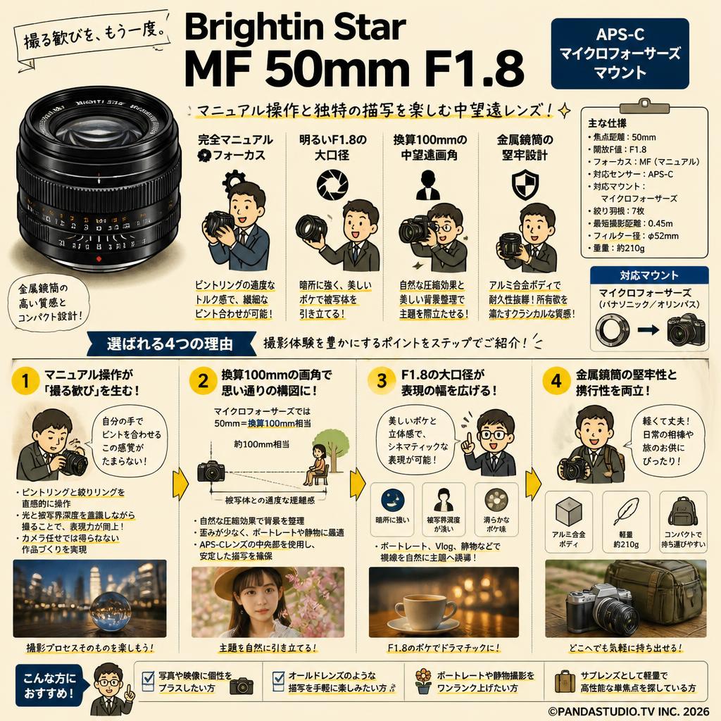 Brightin Star MF 50mm F1.8 APS-C マイクロフォーサーズマウント 概要