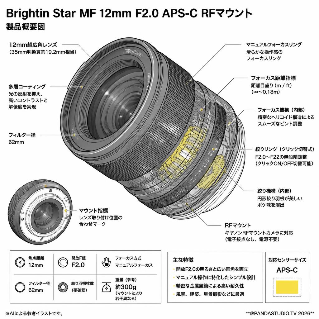 Brightin Star MF 12mm F2.0 APS-C RFマウント スペック