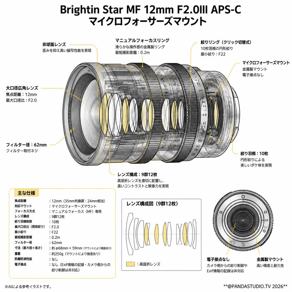 Brightin Star MF 12mm F2.0III APS-C マイクロフォーサーズマウント スペック