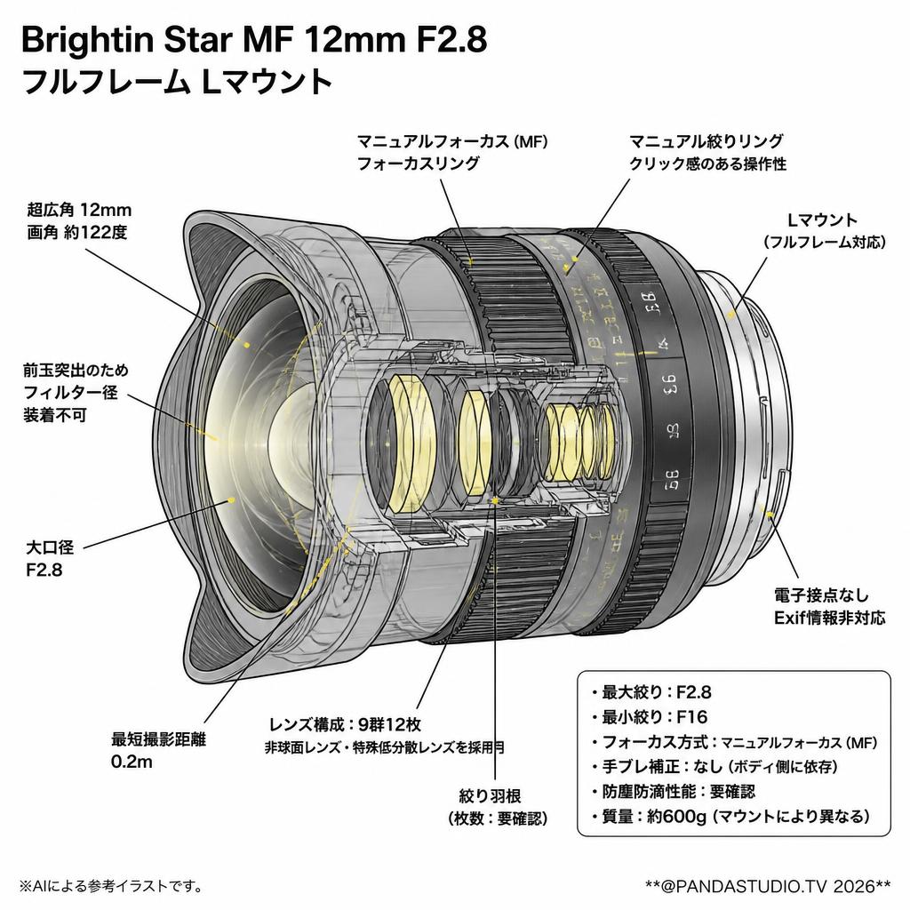 Brightin Star MF 12mm F2.8 フルフレーム Lマウント スペック