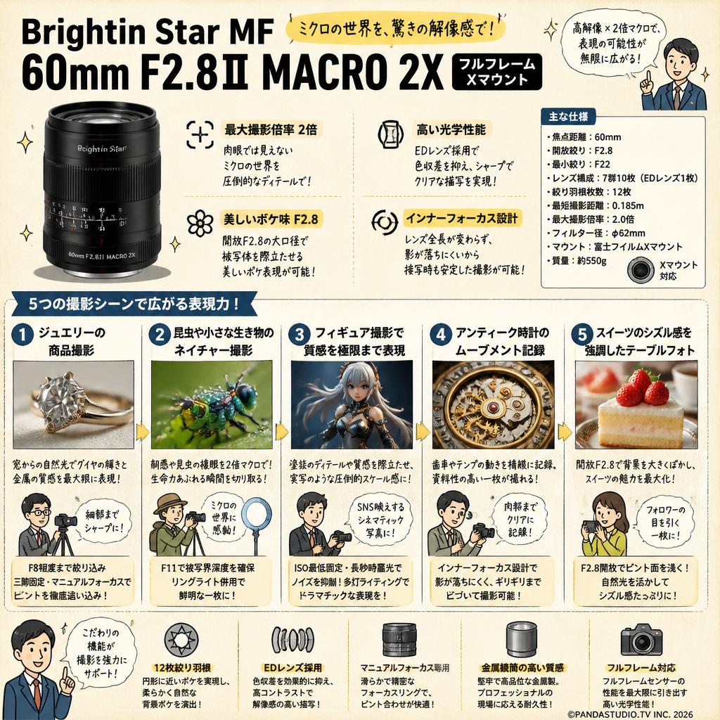 Brightin Star MF 60mm F2.8Ⅱ MACRO 2X フルフレーム Xマウント 用途