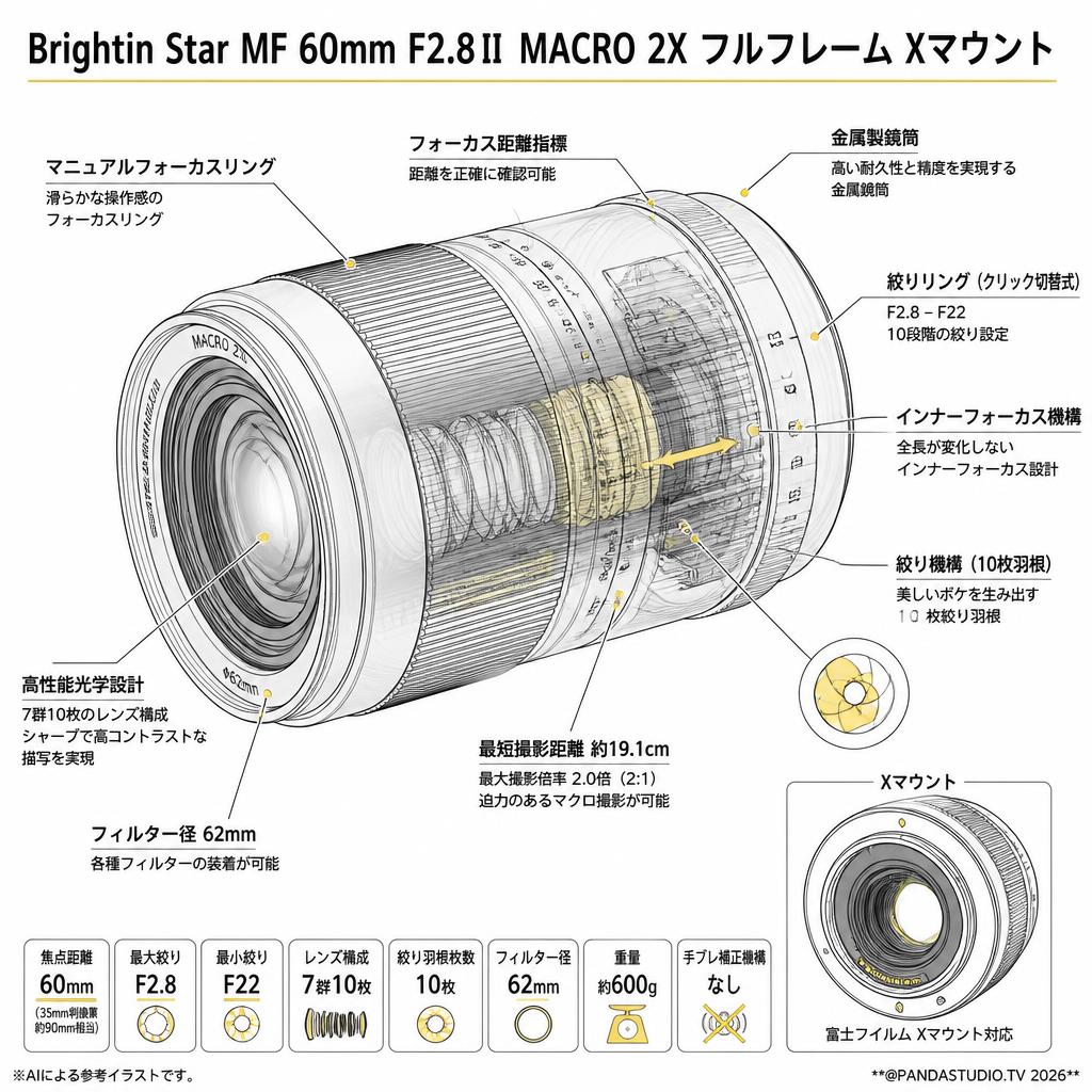 Brightin Star MF 60mm F2.8Ⅱ MACRO 2X フルフレーム Xマウント スペック
