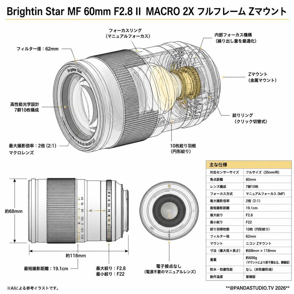 Brightin Star MF 60mm F2.8Ⅱ MACRO 2X フルフレーム Zマウント スペック