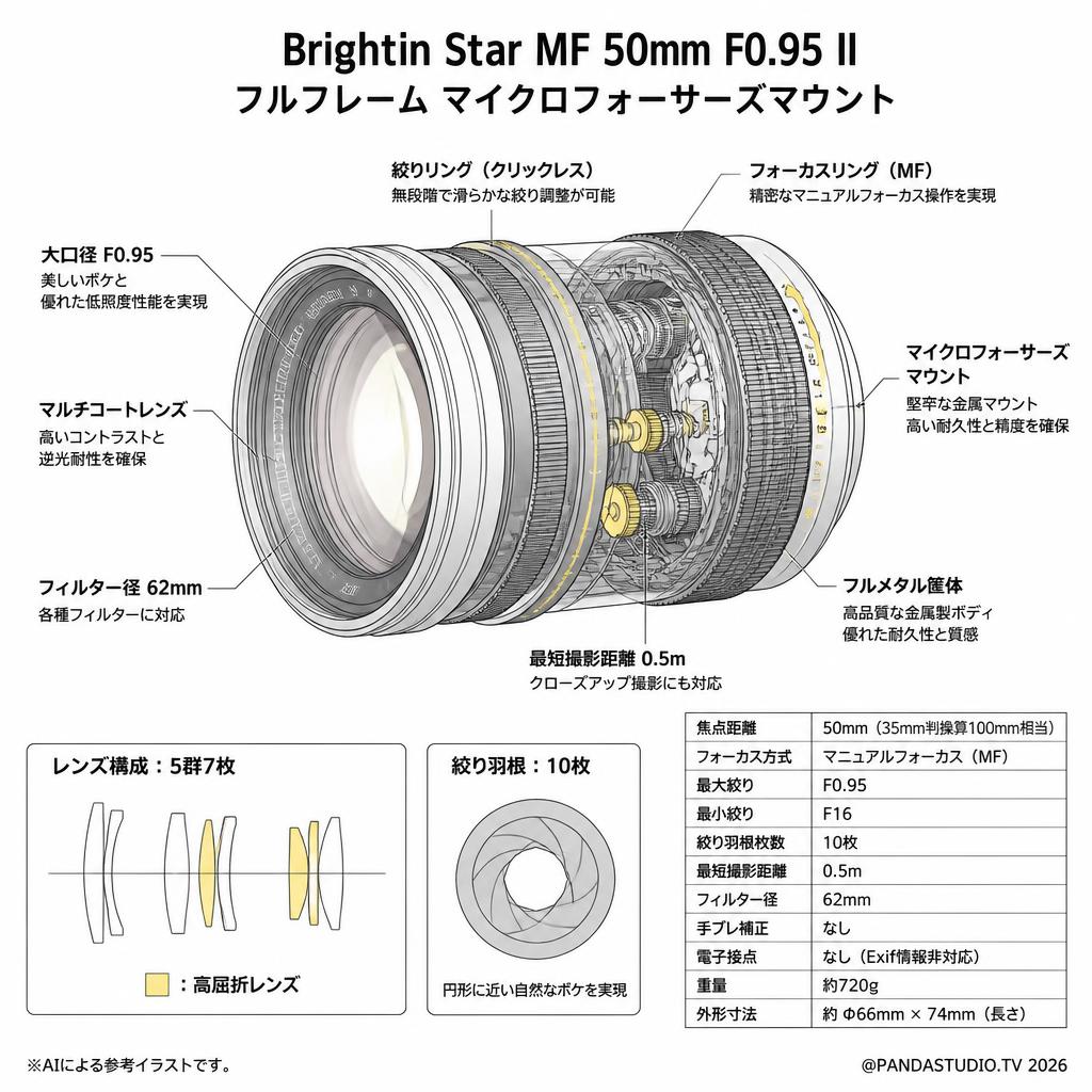 Brightin Star MF 50mm F0.95 II フルフレーム マイクロフォーサーズマウント スペック