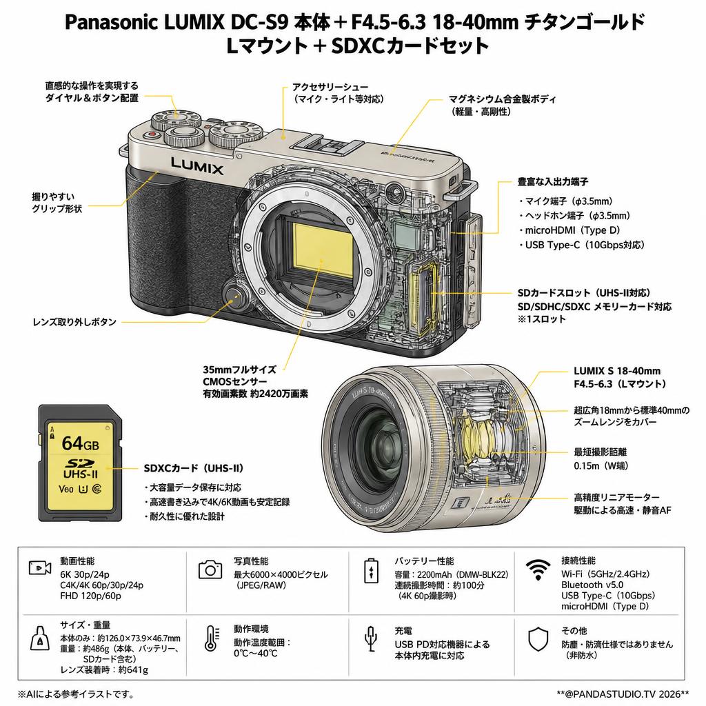 Panasonic LUMIX DC-S9本体＋F4.5-6.3 18-40mm チタンゴールド Lマウント＋SDXCカードセット スペック