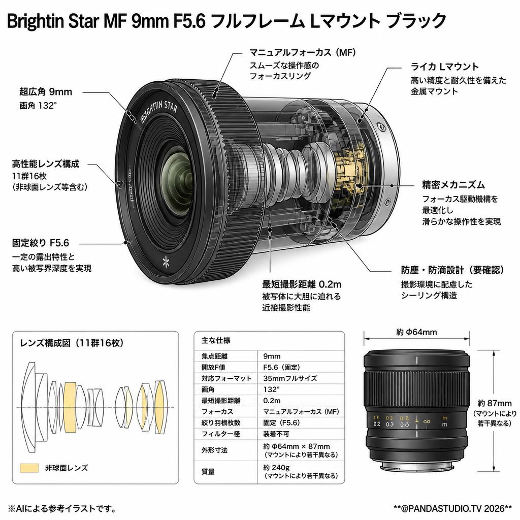 Brightin Star MF 9mm F5.6 フルフレーム Lマウント ブラック スペック