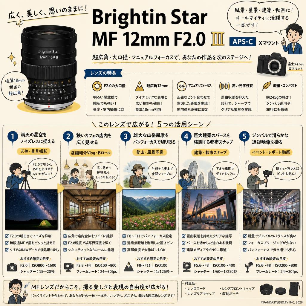 Brightin Star MF 12mm F2.0 Ⅲ APS-C Xマウント 用途