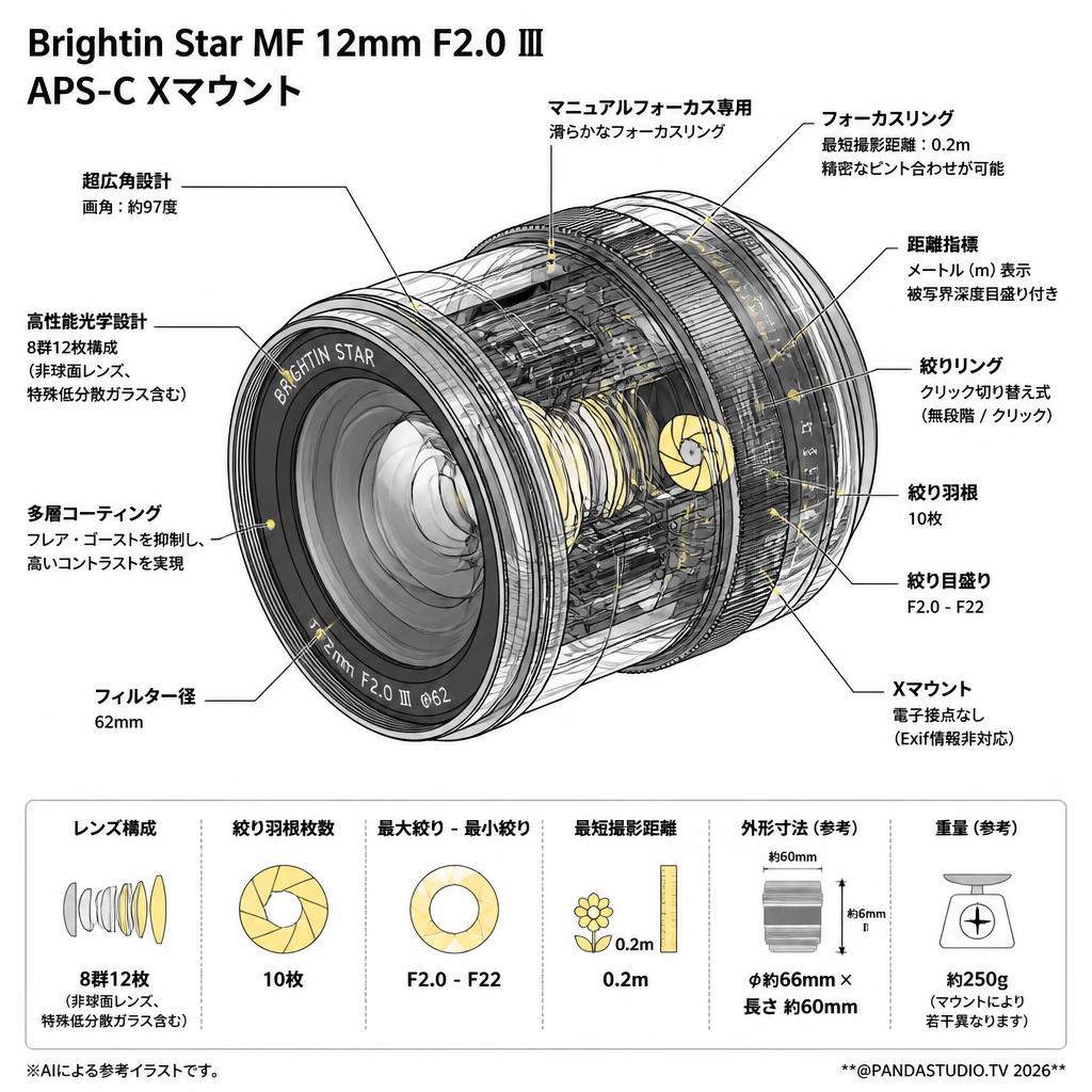 Brightin Star MF 12mm F2.0 Ⅲ APS-C Xマウント スペック