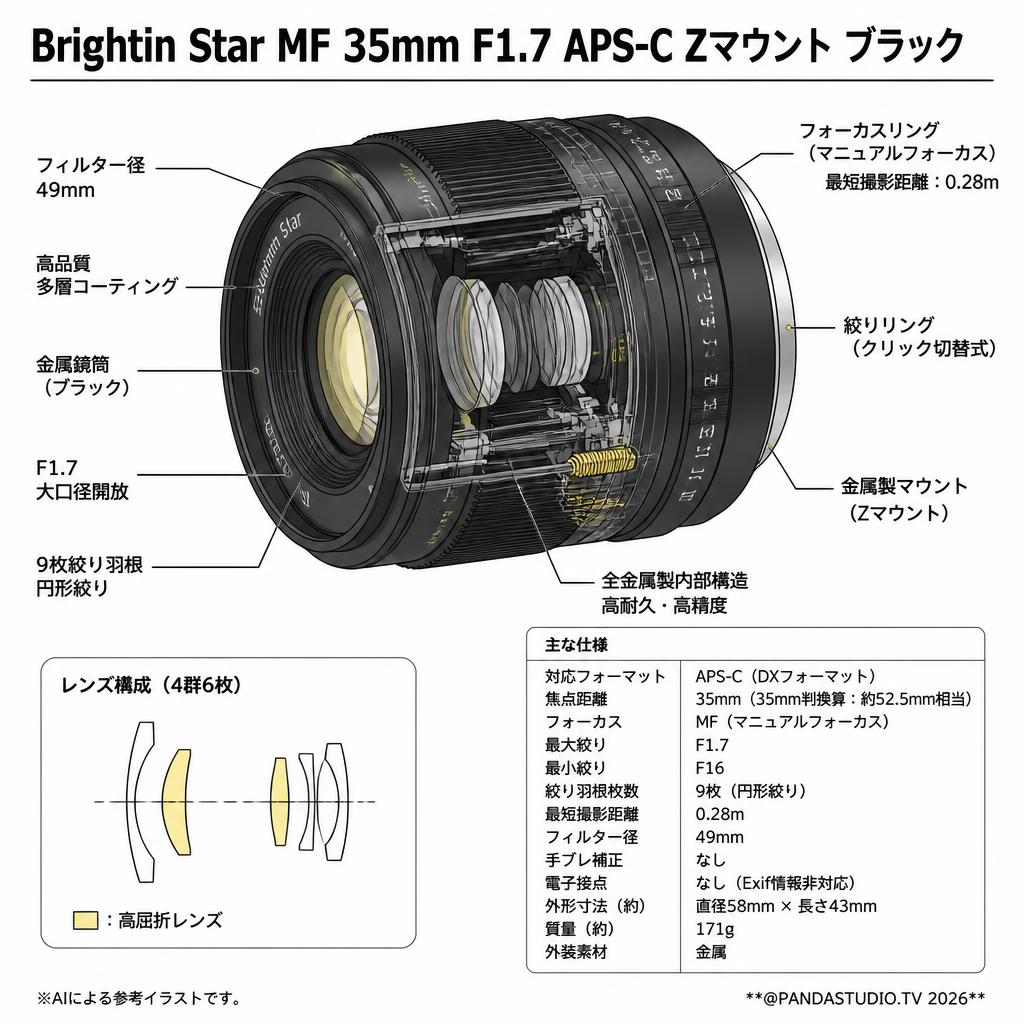 Brightin Star MF 35mm F1.7 APS-C Zマウント ブラック スペック