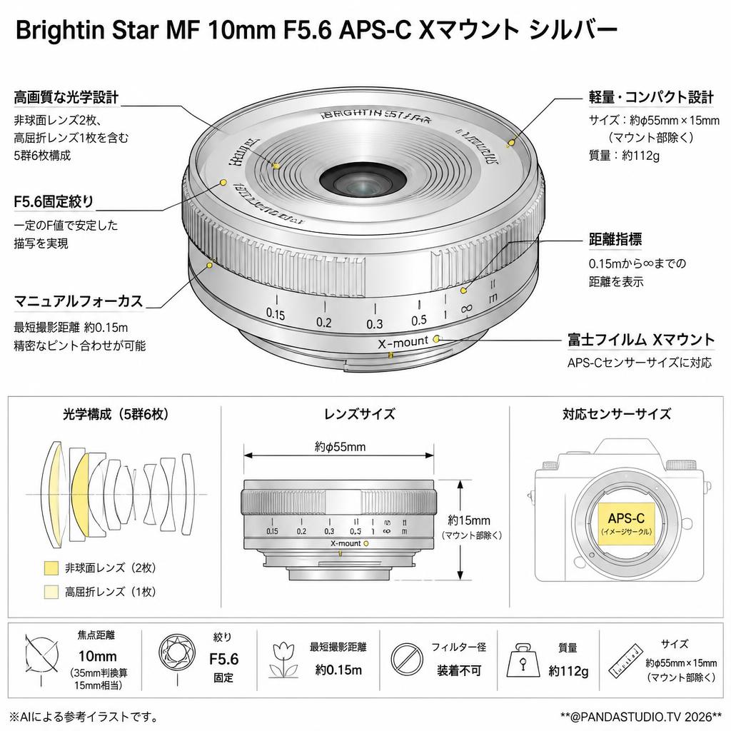 Brightin Star MF 10mm F5.6 APS-C Xマウント シルバー スペック
