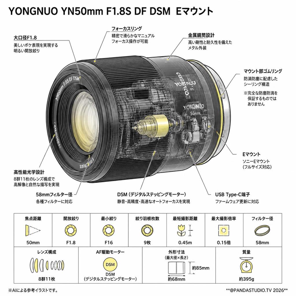 YONGNUO YN50mm F1.8S DF DSM  Eマウント スペック