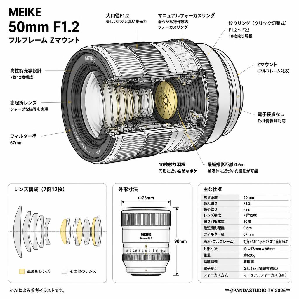 Meike 50mm F1.2 フルフレーム Zマウント スペック