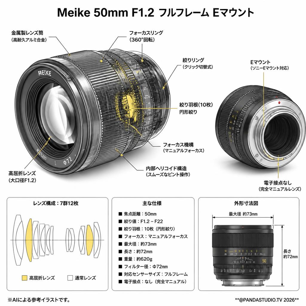Meike 50mm F1.2 フルフレーム Eマウント スペック