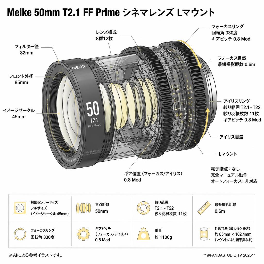 Meike 50mm T2.1 FF Prime シネマレンズ Lマウント スペック