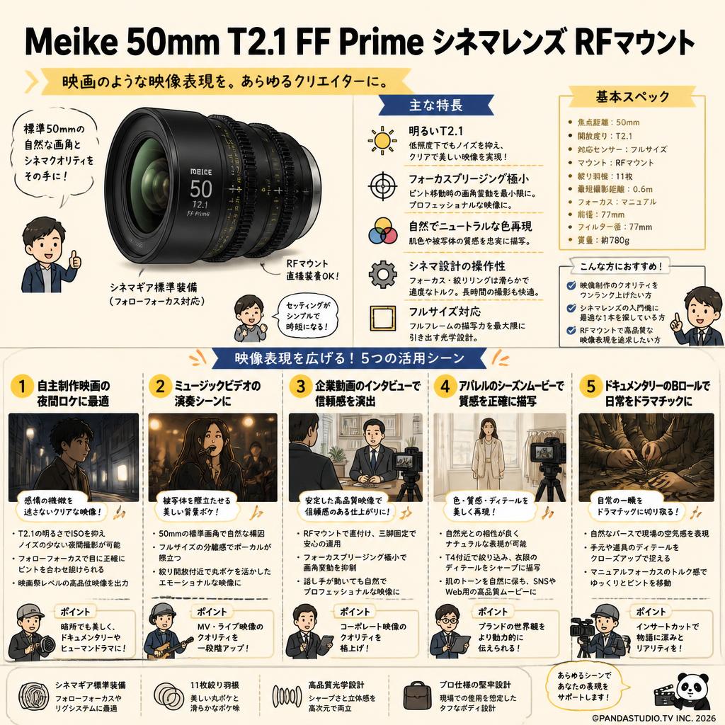 Meike 50mm T2.1 FF Prime シネマレンズ RFマウント 用途