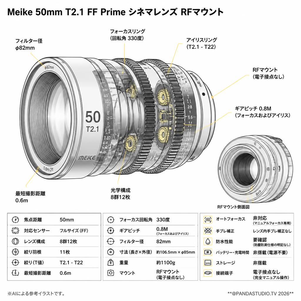 Meike 50mm T2.1 FF Prime シネマレンズ RFマウント スペック