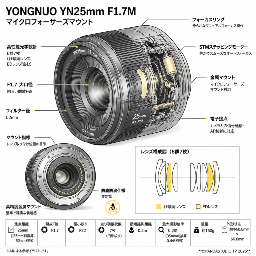 YONGNUO YN25mm F1.7M マイクロフォーサーズマウント スペック