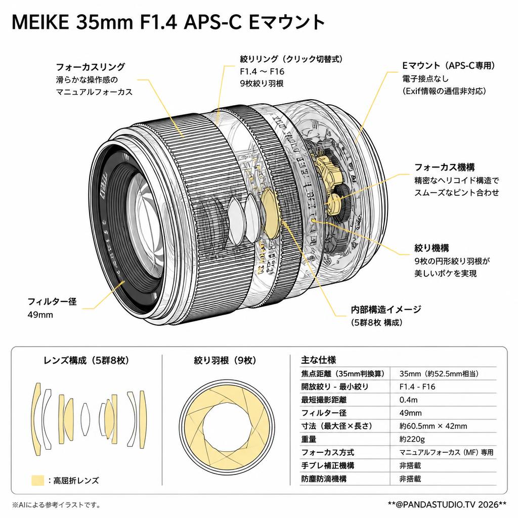 Meike 35mm F1.4 APS-C Eマウント スペック