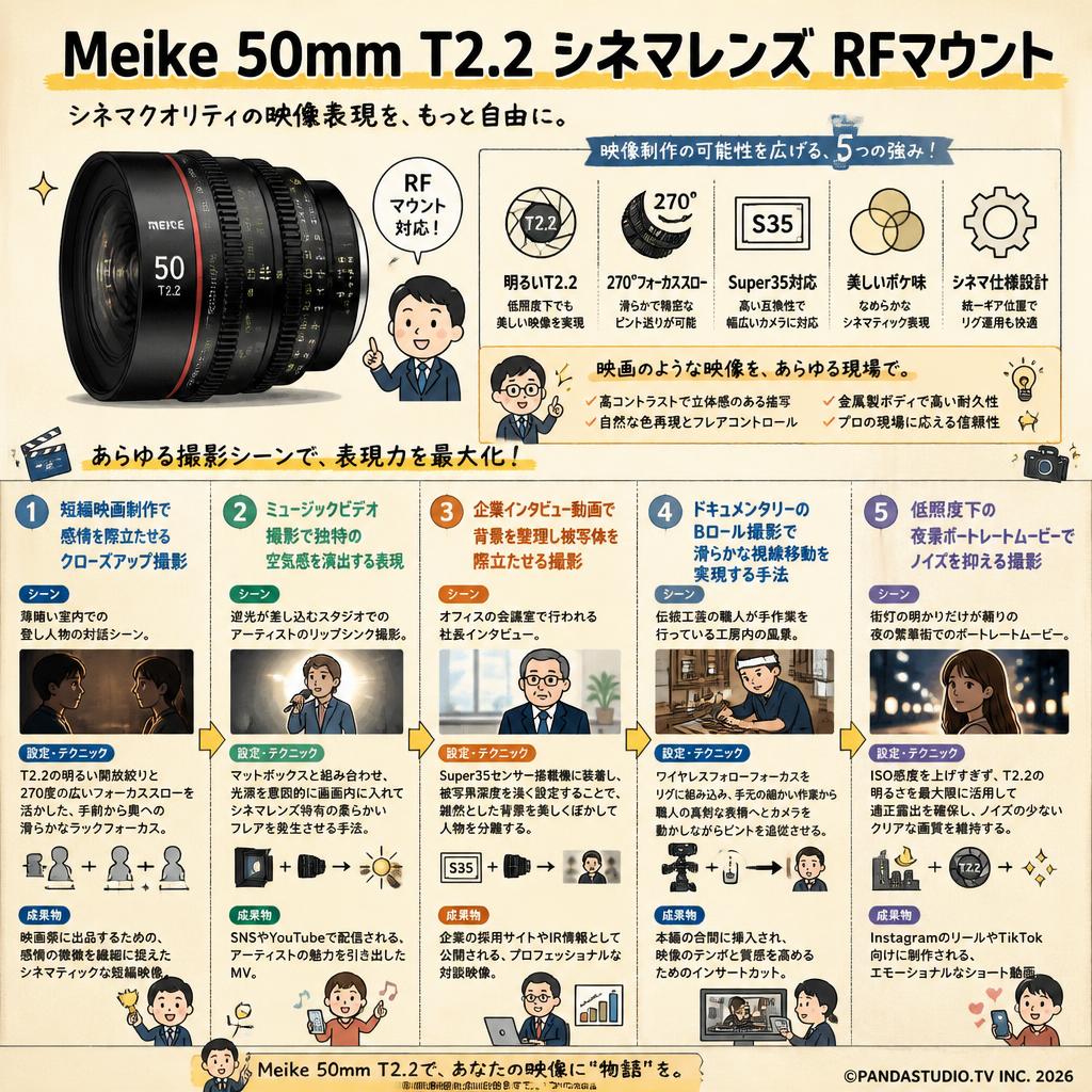 Meike 50mm T2.2 シネマレンズ RFマウント 用途