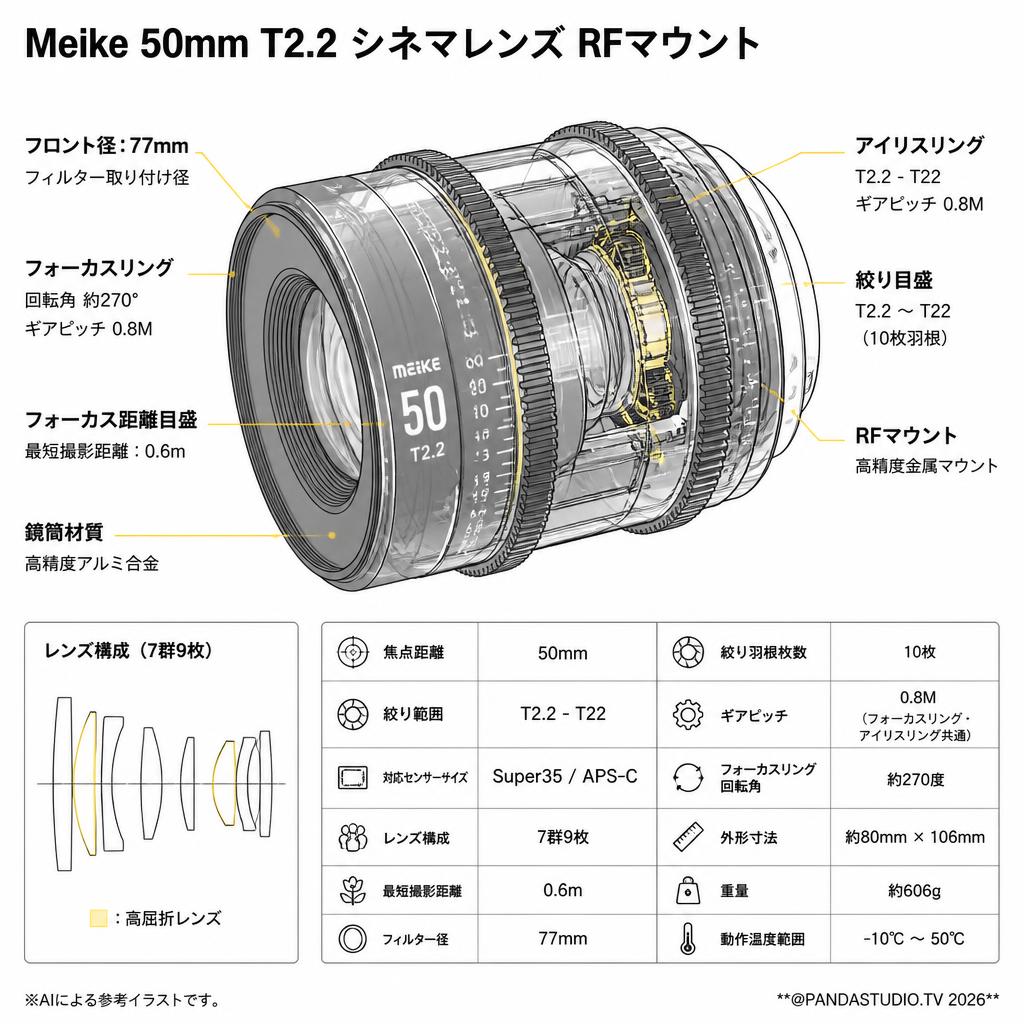 Meike 50mm T2.2 シネマレンズ RFマウント スペック