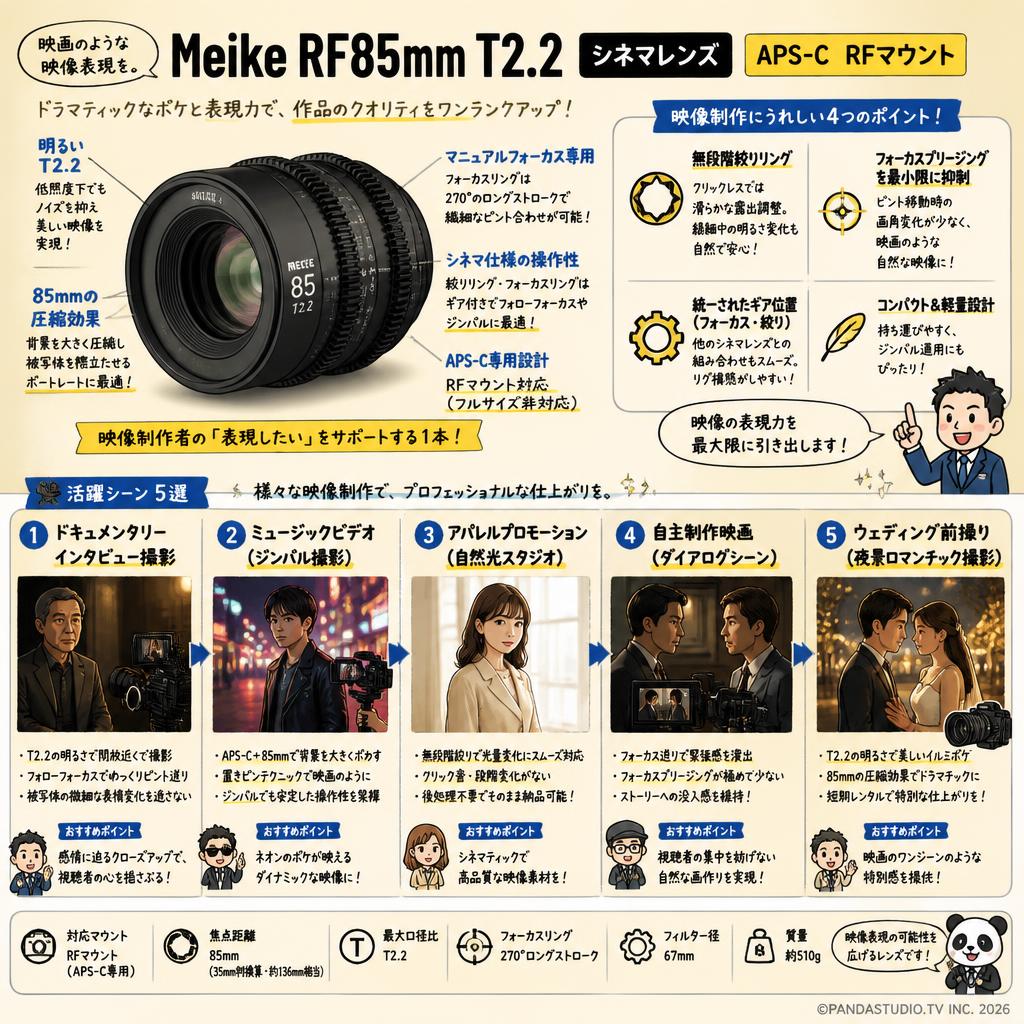Meike RF85mm T2.2 シネマレンズ APS-C RFマウント 用途