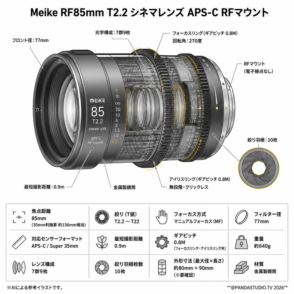 Meike RF85mm T2.2 シネマレンズ APS-C RFマウント スペック