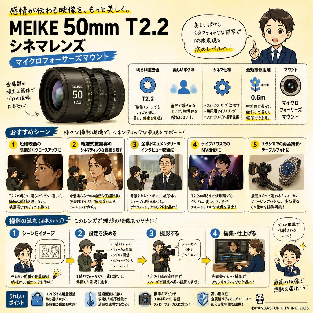 Meike 50mm T2.2 シネマレンズ マイクロフォーサーズマウント 用途