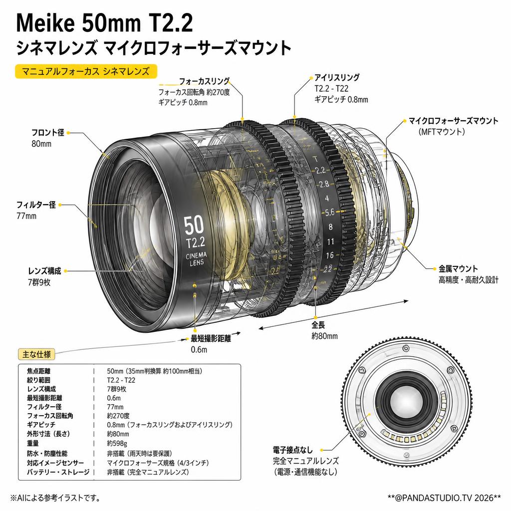 Meike 50mm T2.2 シネマレンズ マイクロフォーサーズマウント スペック