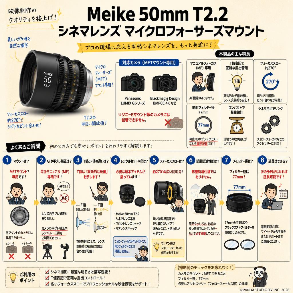Meike 50mm T2.2 シネマレンズ マイクロフォーサーズマウント FAQ（よくある質問と答え）