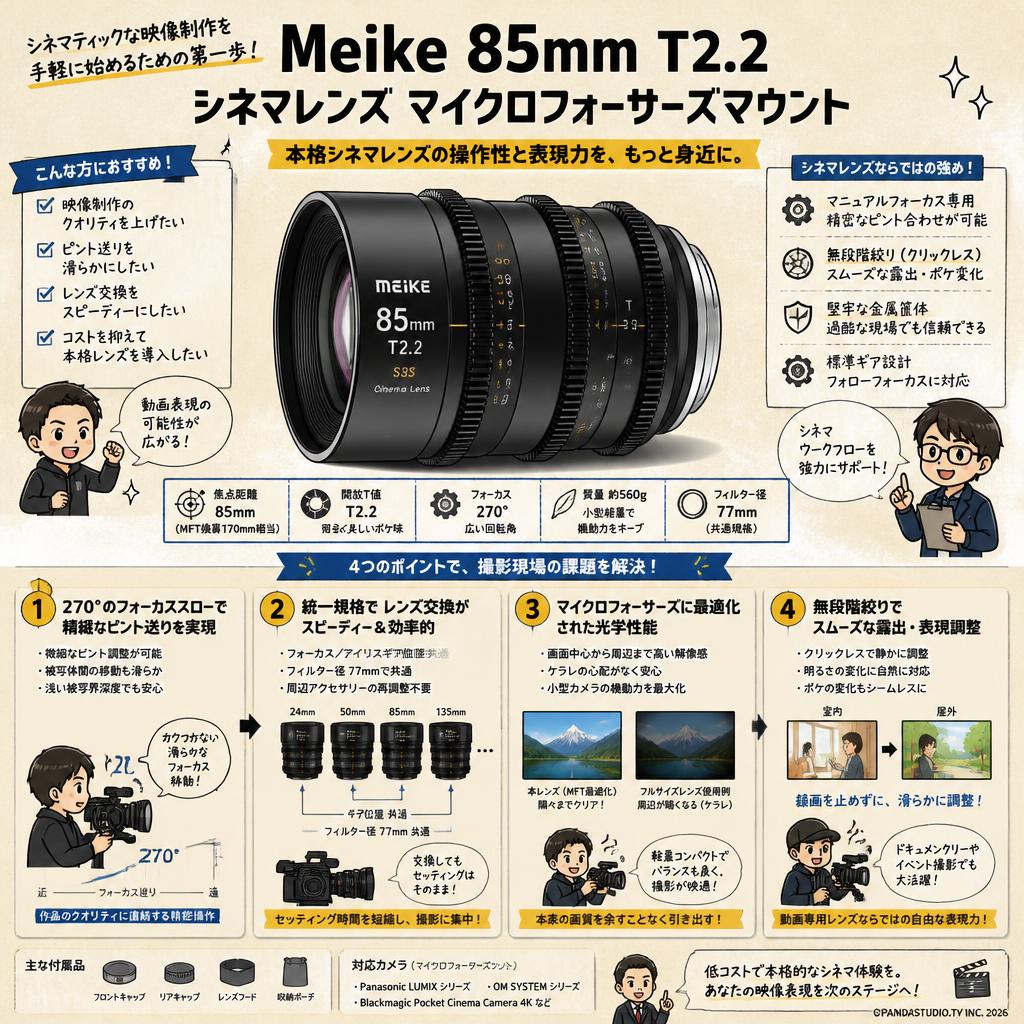 Meike 85mm T2.2 シネマレンズ マイクロフォサズマウント 概要