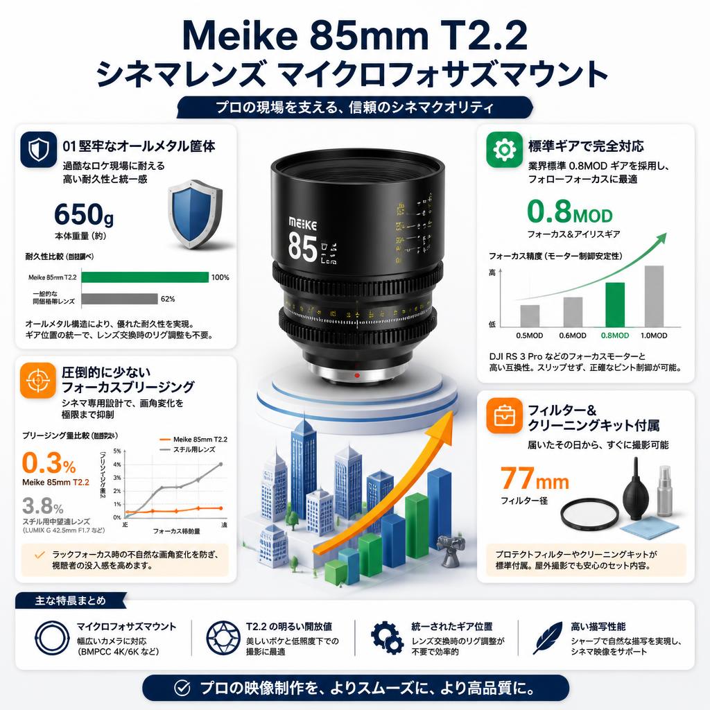 Meike 85mm T2.2 シネマレンズ マイクロフォサズマウント セールスポイント