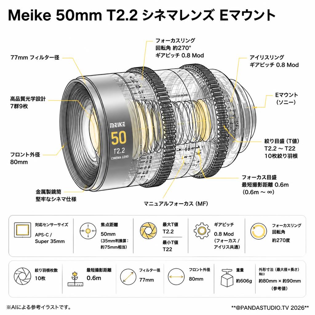 Meike 50mm T2.2 シネマレンズ Eマウント スペック