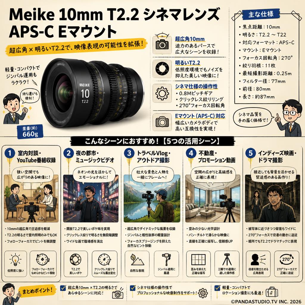 Meike 10mm T2.2 シネマレンズ APS-C Eマウント 用途
