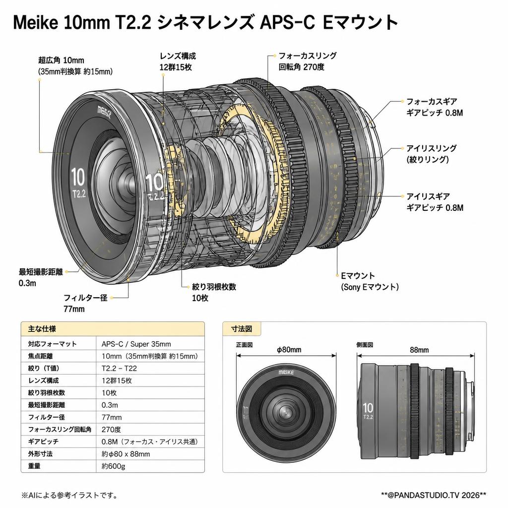Meike 10mm T2.2 シネマレンズ APS-C Eマウント スペック