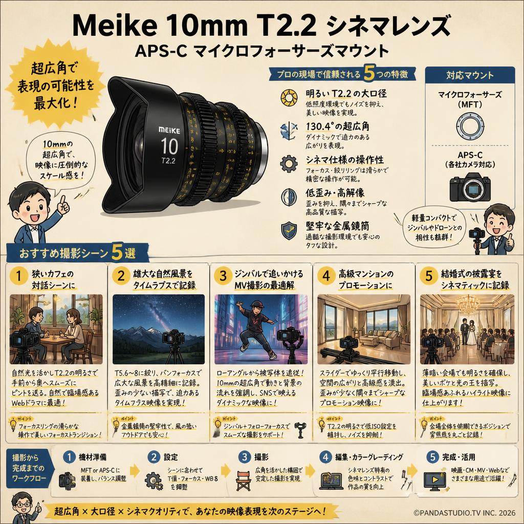 Meike 10mm T2.2 シネマレンズ APS-C マイクロフォーサーズマウント 用途