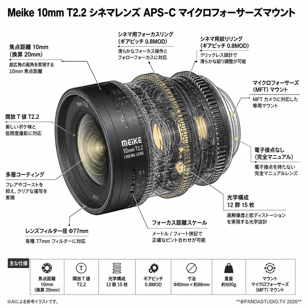 Meike 10mm T2.2 シネマレンズ APS-C マイクロフォーサーズマウント スペック