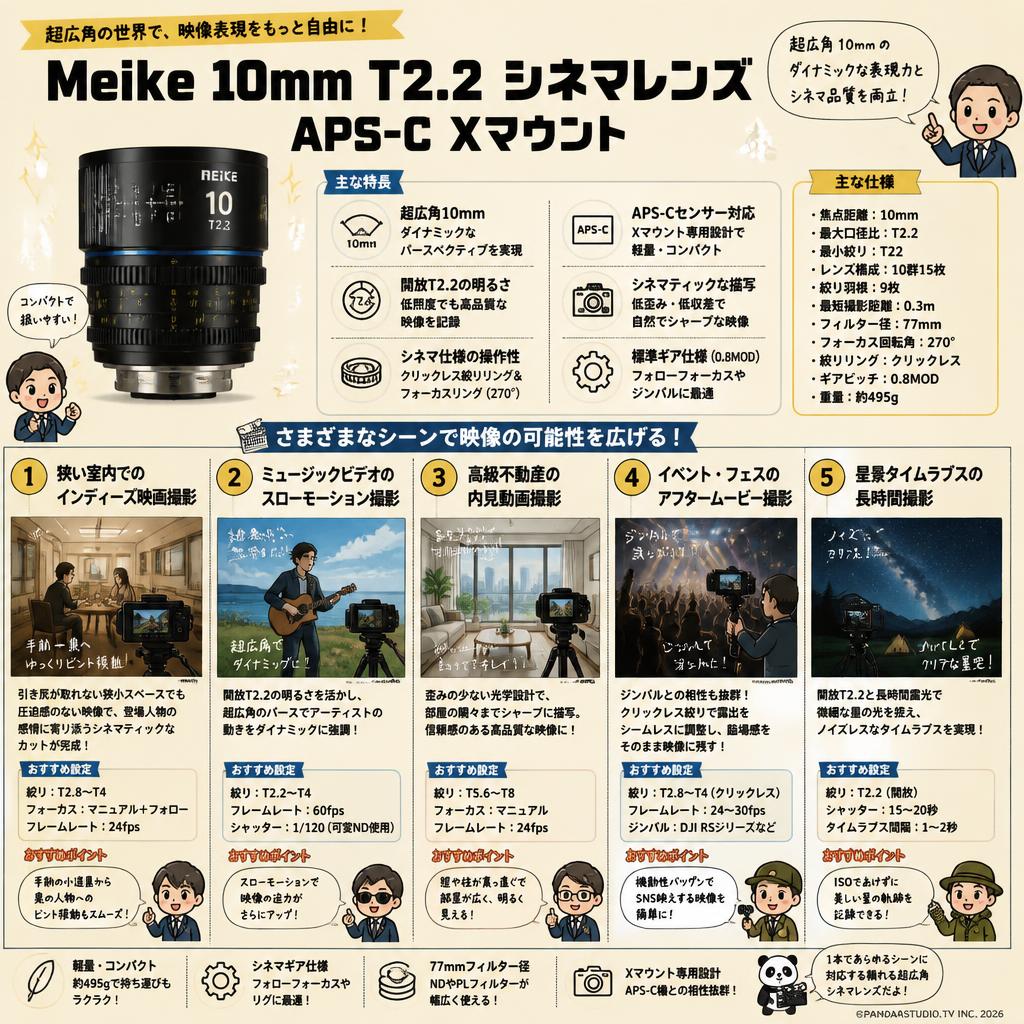Meike 10mm T2.2 シネマレンズ APS-C Xマウント 用途