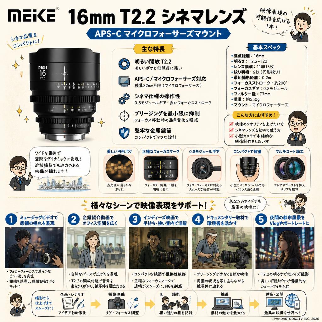 Meike 16mm T2.2 シネマレンズ APS-C マイクロフォーサーズマウント 用途