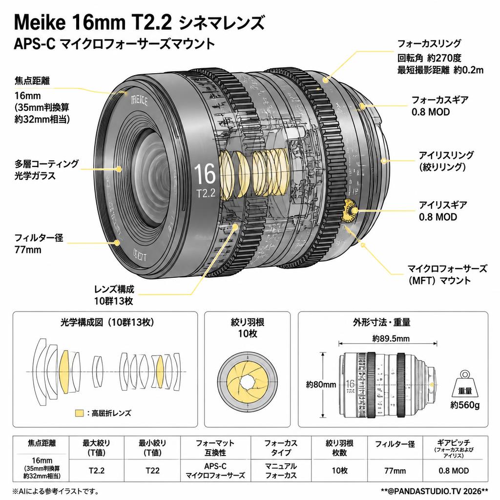 Meike 16mm T2.2 シネマレンズ APS-C マイクロフォーサーズマウント スペック