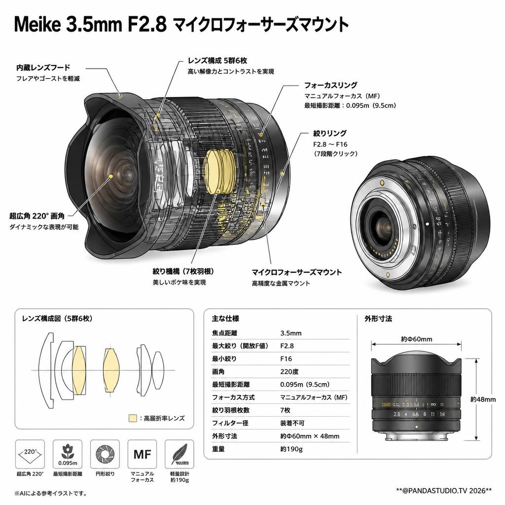 Meike 3.5mm F2.8 マイクロフォーサーズマウント スペック