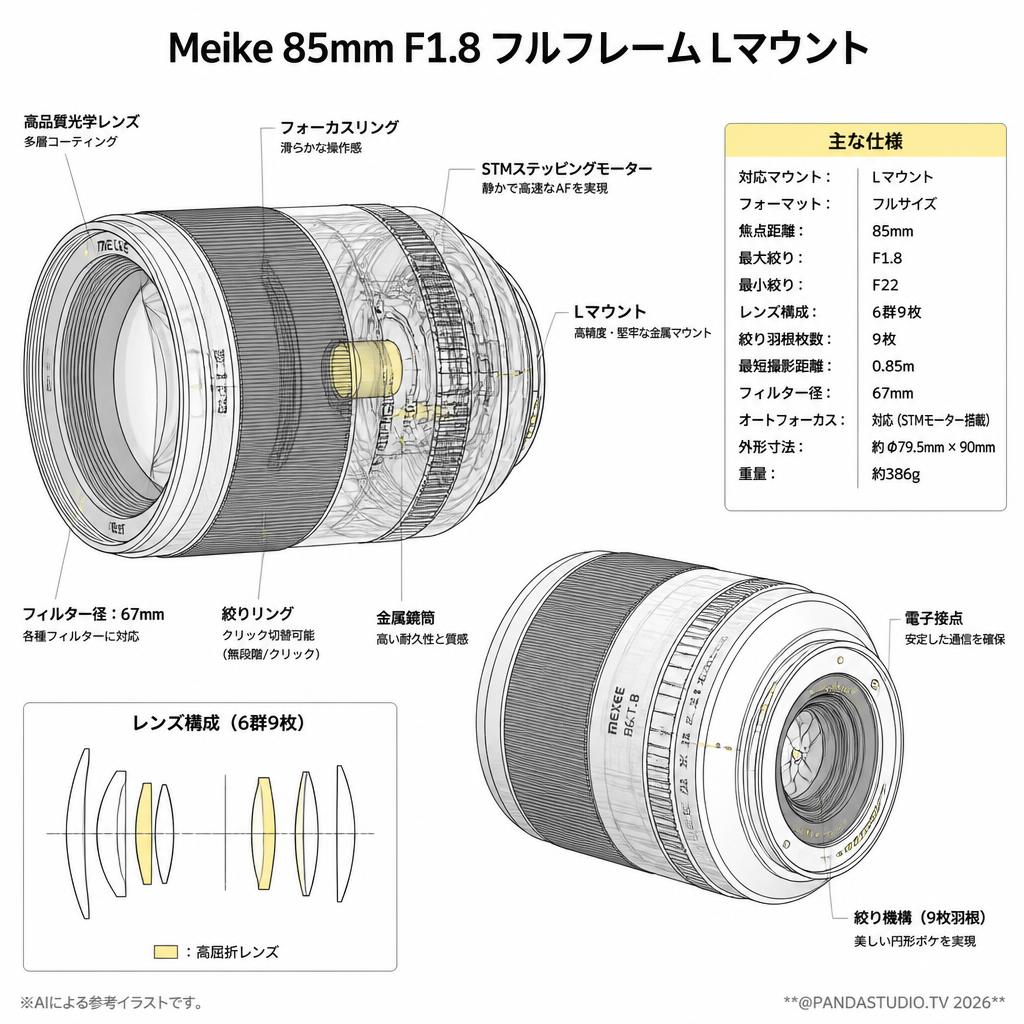 Meike 85mm F1.8 フルフレーム Lマウント スペック